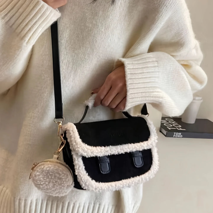 Mini Plush Handbag with round Coin Purse, Autumn Winter Crossbody Bag, Womens Faux Shoulder Bag Packing Cubes for Travel Bogg