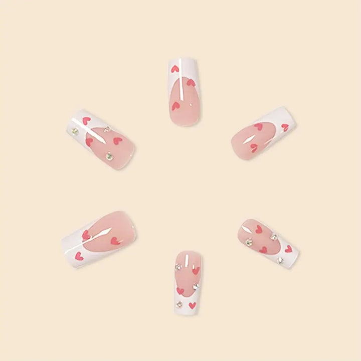 Hot New Women Girls 24Pcs Long Square Red French White Border Heart Full Coverage Wearable Fake Nail Press on Nail Art