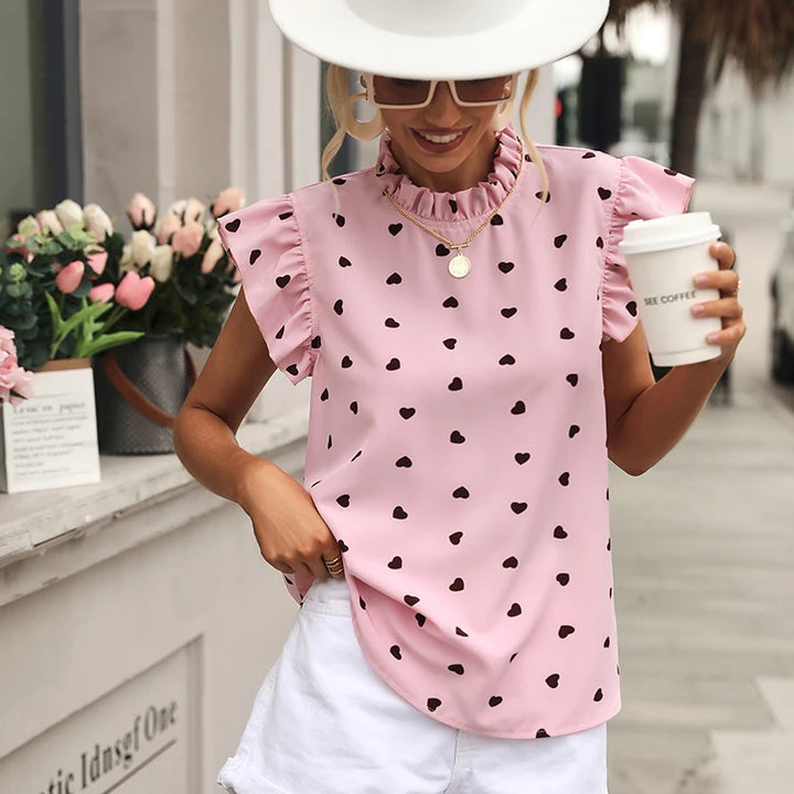 Fashion Chiffon Print Women's Shirt Casual Ruffle Short Sleeve Top Pink Chic Woman Blouse And Shirts Elegant Blouses Summer 2022