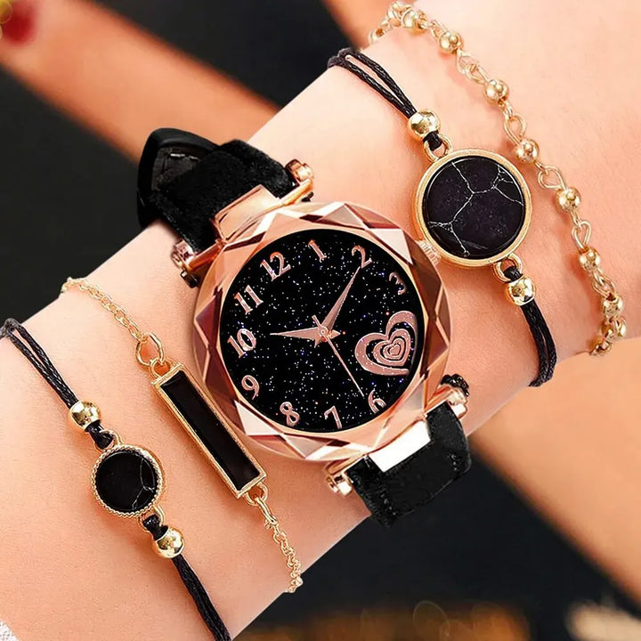 5pcs Set Womens Watches Set Ladies Fashion Watch Black Female New Simple Casual Womens Analog WristWatch Bracelet Gift No Box - Total Trends Fusion