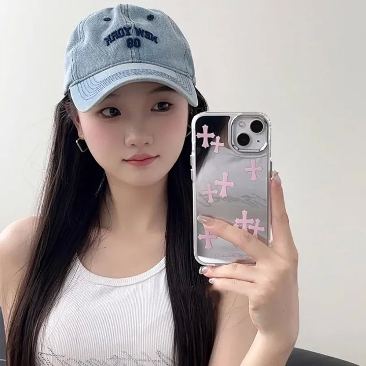 Luxury Pink & Silver Jesus Cross Mirror Phone Case – Hard Acrylic | iPhone 11–15 Pro Max