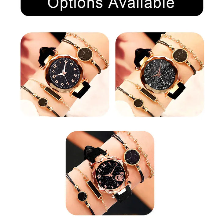 5pcs Set Womens Watches Set Ladies Fashion Watch Black Female New Simple Casual Womens Analog WristWatch Bracelet Gift No Box