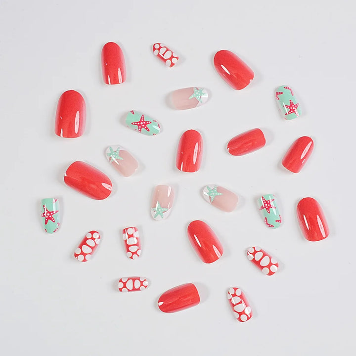 24Pcs Almond Coverage Press On Nails Starfish Beach Fake Nails Cute Briquette Reusable False Nail Summer Hot Wear Nails