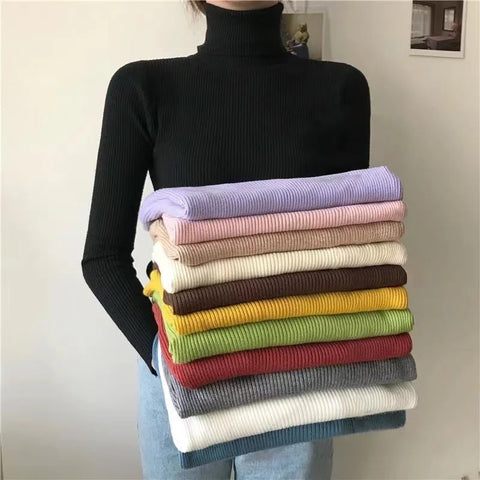ZOKI Simple Women Turtleneck Sweater Winter Fashion Pullover Elastic Knit Ladies Jumper Casual Solid Black Female Basic Tops - Total Trends Fusion