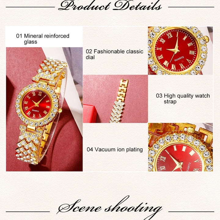 Golden Luxury Watch Women Ring Necklace Earring Rhinestone Fashion Wristwatch Casual Ladies Bracelet Watches Jewelry Set