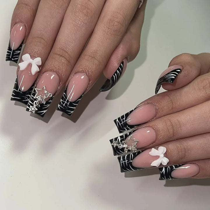 "Pink French 3D Bowknot Press-On Nails | Short Square Fashion False Nails"