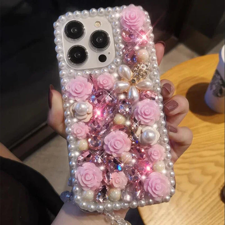 Deluxe Diamond Pearl Flower Phone Case Suitable for iPhone 15 14 Pro Max 13 12 11 X XR XS  8 3D Flower Transparent Bracelet Case