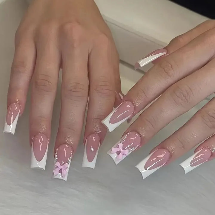 "Pink French 3D Bowknot Press-On Nails | Short Square Fashion False Nails"