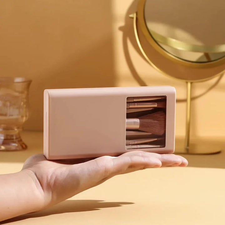 5pcs Travel Cosmetic Brush Kit With Mirror Makeup Brush Set Bag Portable Organizer Box Beauty Tool Case Rose Gold Letter Pattern