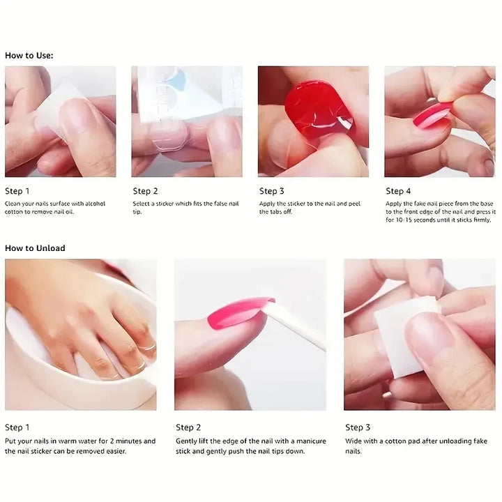 A full set of 24 long coffin-shaped fake nails with solid color fake nails and a heart design, including 1 jelly glue and 1 rub