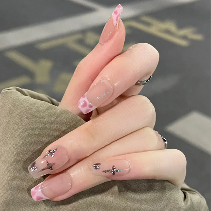 "Pink French 3D Bowknot Press-On Nails | Short Square Fashion False Nails"