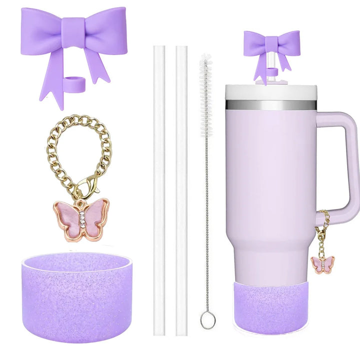 6pcs Accessories Set for Stanley Cup 30oz/40oz Including Glitter Silicone Boot Diamond Butterfly Charm Chain Bow Silicone Straw - Total Trends Fusion