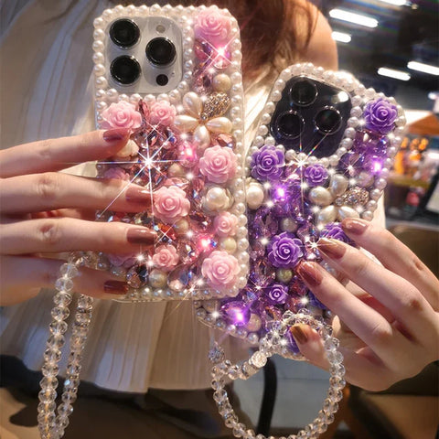 Deluxe Diamond Pearl Flower Phone Case Suitable for iPhone 15 14 Pro Max 13 12 11 X XR XS  8 3D Flower Transparent Bracelet Case