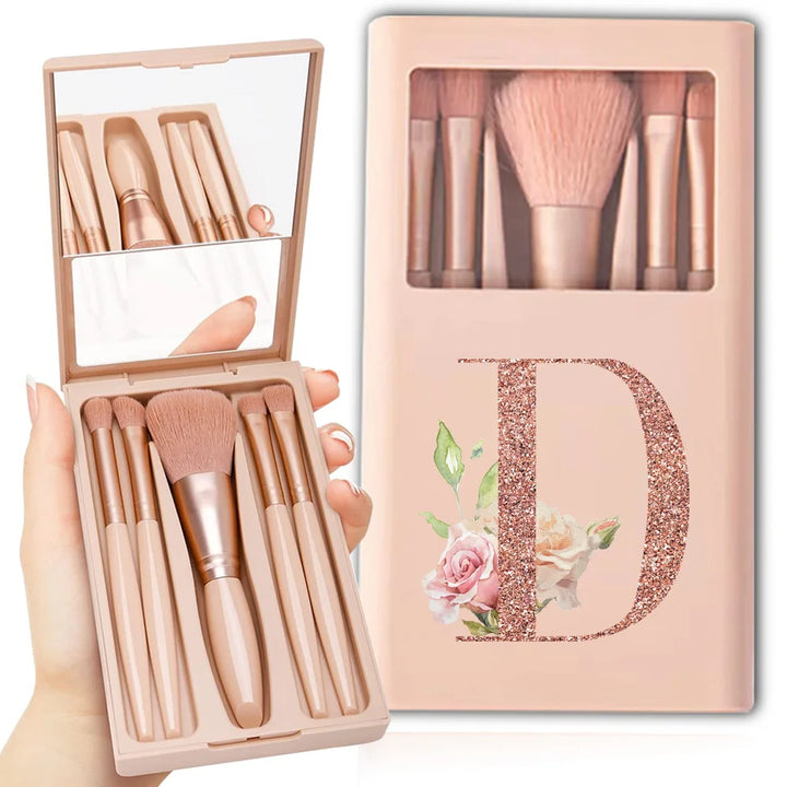 5pcs Travel Cosmetic Brush Kit With Mirror Makeup Brush Set Bag Portable Organizer Box Beauty Tool Case Rose Gold Letter Pattern