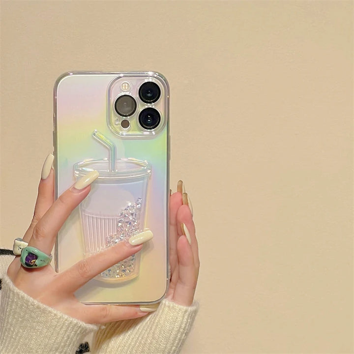 Fashion Milk Tea Cup Bling Glitter Star Quicksand Case For iPhone 14 13 11 12 15 Pro Max Shiny Sequins Transparent Plating Cover