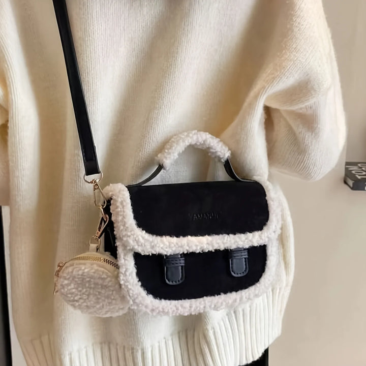 Mini Plush Handbag with round Coin Purse, Autumn Winter Crossbody Bag, Womens Faux Shoulder Bag Packing Cubes for Travel Bogg