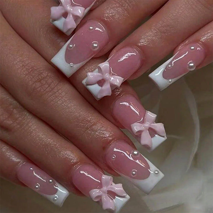 "Pink French 3D Bowknot Press-On Nails | Short Square Fashion False Nails"