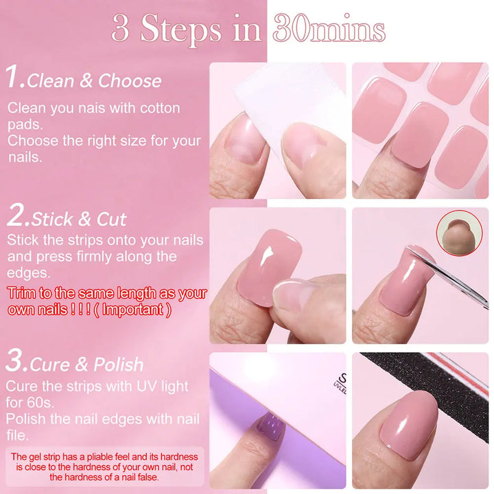 Pink Semi-Cured Gel Nail Patch Set 20Sheet with UV Lamp Christmas Adhesive Sliders Long Lasting Full Cover Nail Gel Wrap Manicur