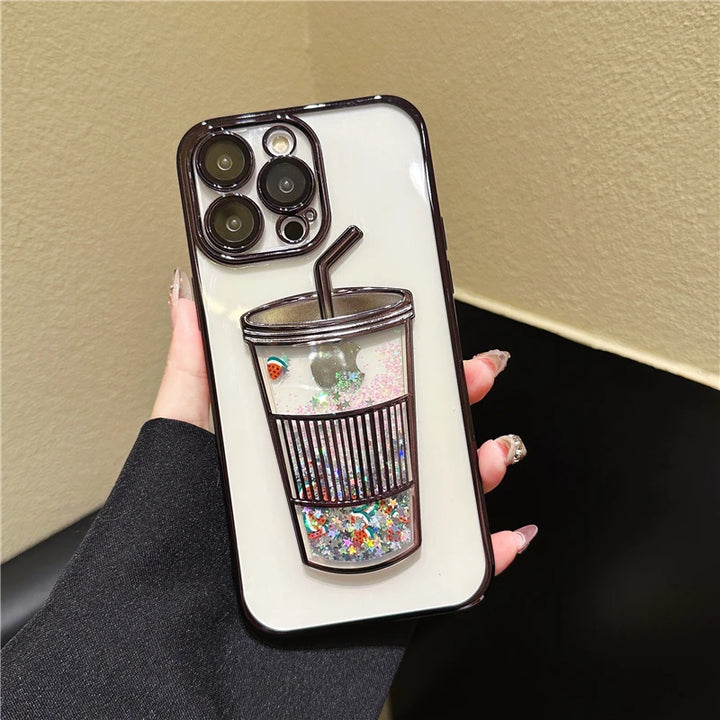 Fashion Milk Tea Cup Bling Glitter Star Quicksand Case For iPhone 14 13 11 12 15 Pro Max Shiny Sequins Transparent Plating Cover