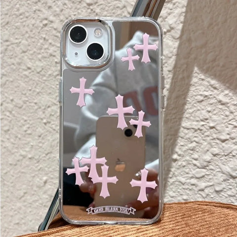 Luxury Pink & Silver Jesus Cross Mirror Phone Case – Hard Acrylic | iPhone 11–15 Pro Max