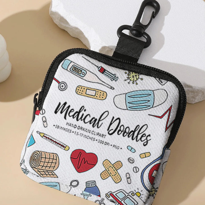 Medical Doodle Coin Purse | Portable Mini Storage Bag with Carabiner Clip