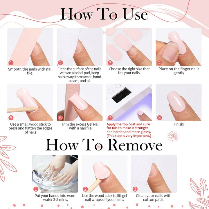 Pink Semi-Cured Gel Nail Patch Set 20Sheet with UV Lamp Christmas Adhesive Sliders Long Lasting Full Cover Nail Gel Wrap Manicur