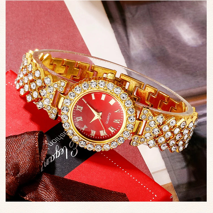 Golden Luxury Watch Women Ring Necklace Earring Rhinestone Fashion Wristwatch Casual Ladies Bracelet Watches Jewelry Set