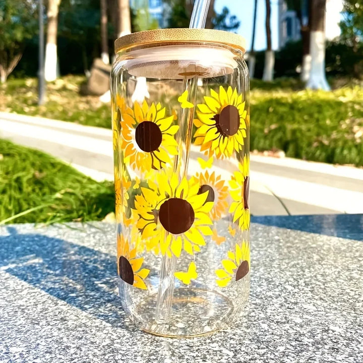 16oz Clear 3D Printed Sublimation Glass Cup With Bamboo Lid And Glass Straw Drinking Cups With Waterproof Sticker Muti-Pattern