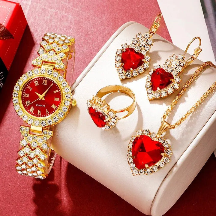 Golden Luxury Watch Women Ring Necklace Earring Rhinestone Fashion Wristwatch Casual Ladies Bracelet Watches Jewelry Set - Total Trends Fusion