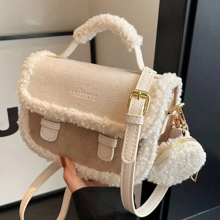 Mini Plush Handbag with round Coin Purse, Autumn Winter Crossbody Bag, Womens Faux Shoulder Bag Packing Cubes for Travel Bogg