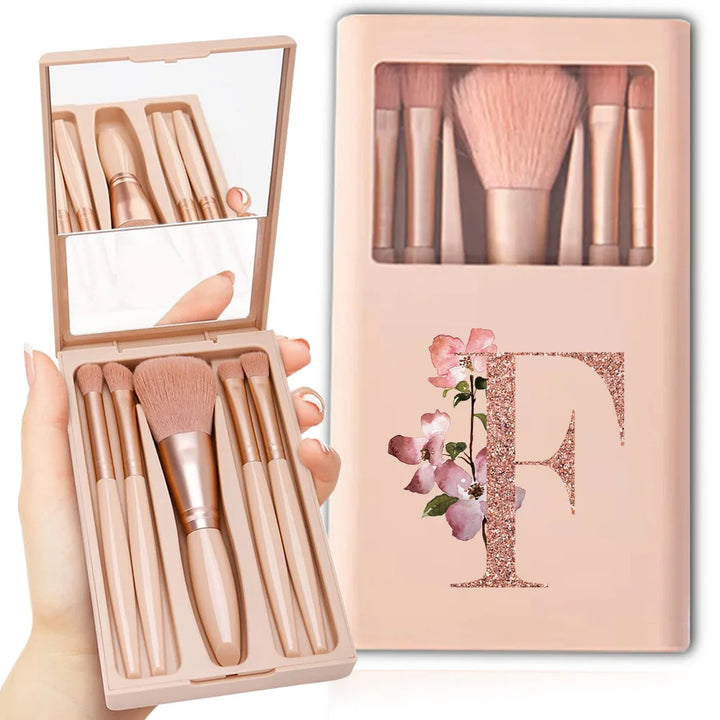 5pcs Travel Cosmetic Brush Kit With Mirror Makeup Brush Set Bag Portable Organizer Box Beauty Tool Case Rose Gold Letter Pattern