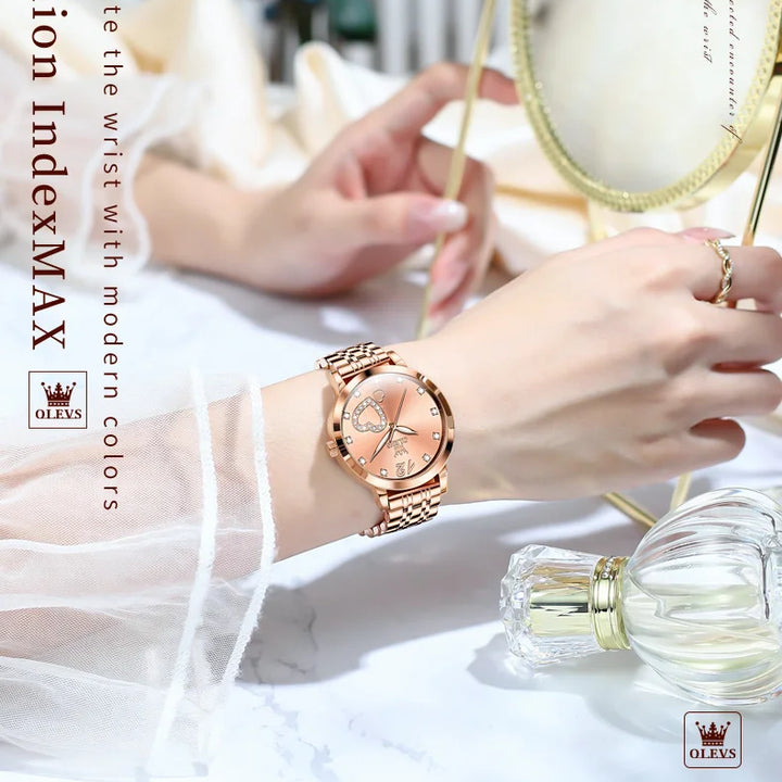 OLEVS Japan Quartz Women Watch Stainless steel Bracelet "Love" Dial Fashion Elegant Waterproof Luminous Quartz Watch for Ladies