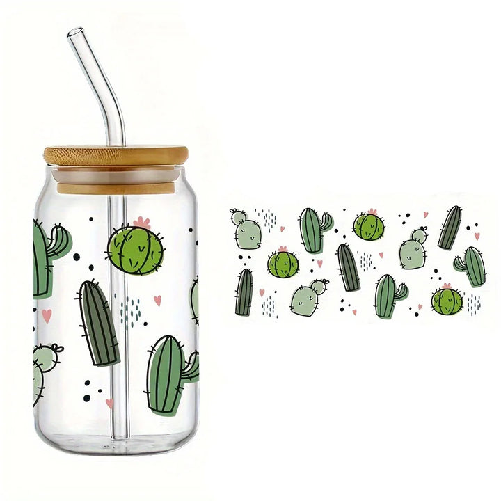 16oz Clear 3D Printed Sublimation Glass Cup With Bamboo Lid And Glass Straw Drinking Cups With Waterproof Sticker Muti-Pattern