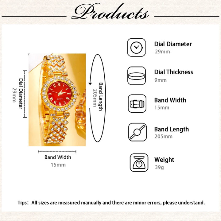 Golden Luxury Watch Women Ring Necklace Earring Rhinestone Fashion Wristwatch Casual Ladies Bracelet Watches Jewelry Set - Total Trends Fusion