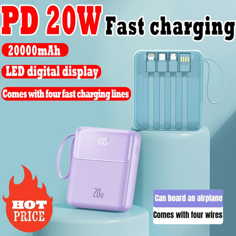 New 20000mah Mini Power Bank Cable LED Digital Screen Display Suitable for Samsung Huawei Fast Charging Power Bank