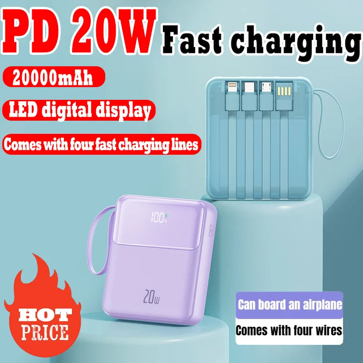 New 20000mah Mini Power Bank Cable LED Digital Screen Display Suitable for Samsung Huawei Fast Charging Power Bank