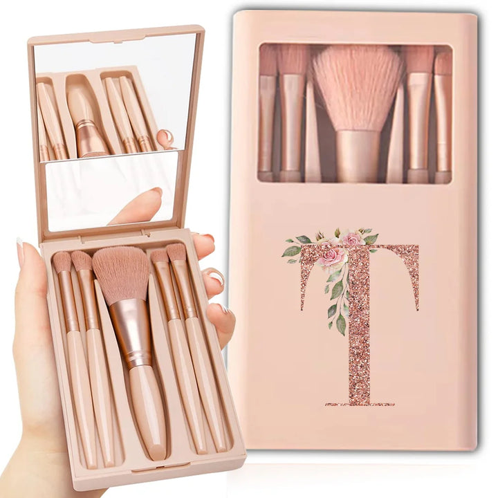 5pcs Travel Cosmetic Brush Kit With Mirror Makeup Brush Set Bag Portable Organizer Box Beauty Tool Case Rose Gold Letter Pattern
