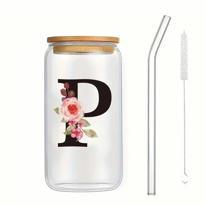 Alphabet Flowers Drinking Glass Letter A-Z Iced Coffee Water Juice Bottle Portable Clear Cup with Lid Straw Brush Birthday Gifts