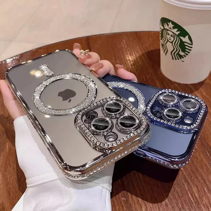 Clear Bling Crystal Phone Case For iPhone 15 16 14 11 12 13 Pro Max Plus For Magsafe Magnetic Wireless Charging Lens Film Cover