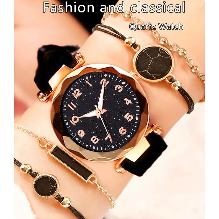 5pcs Set Womens Watches Set Ladies Fashion Watch Black Female New Simple Casual Womens Analog WristWatch Bracelet Gift No Box - Total Trends Fusion
