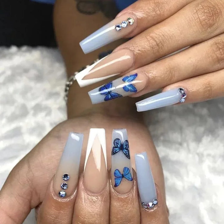 24pcs/Box Long T Handmade Valentine's Day French Flame Wave Love With Diamond False Nail Enhancement Waterproof Gel Fake Nails