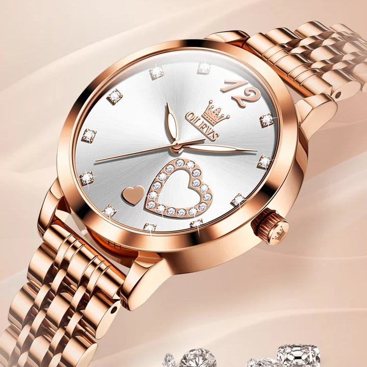 OLEVS Japan Quartz Women Watch Stainless steel Bracelet "Love" Dial Fashion Elegant Waterproof Luminous Quartz Watch for Ladies