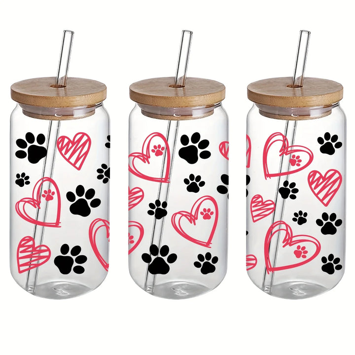 16oz Clear 3D Printed Sublimation Glass Cup With Bamboo Lid And Glass Straw Drinking Cups With Waterproof Sticker Muti-Pattern