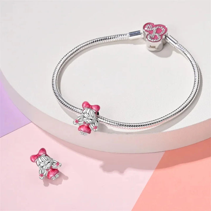 Charms 925 Silver Pink Princess Dress Bag Makeup Lipstick High Heels For Pandora Bracelet Pendant DIY Jewelry Hot Gift 2024 new