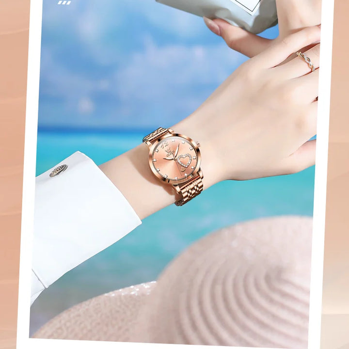 OLEVS Japan Quartz Women Watch Stainless steel Bracelet "Love" Dial Fashion Elegant Waterproof Luminous Quartz Watch for Ladies