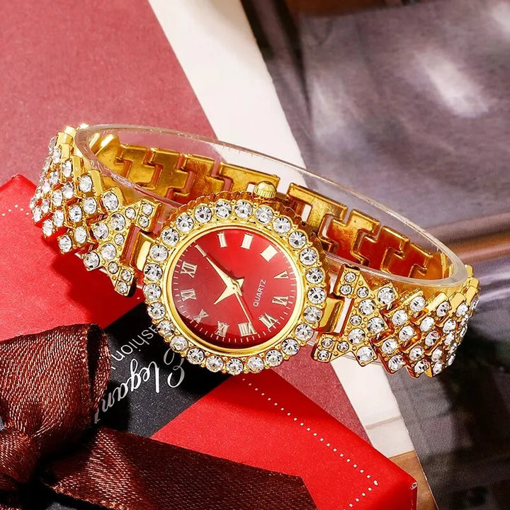 Golden Luxury Watch Women Ring Necklace Earring Rhinestone Fashion Wristwatch Casual Ladies Bracelet Watches Jewelry Set - Total Trends Fusion