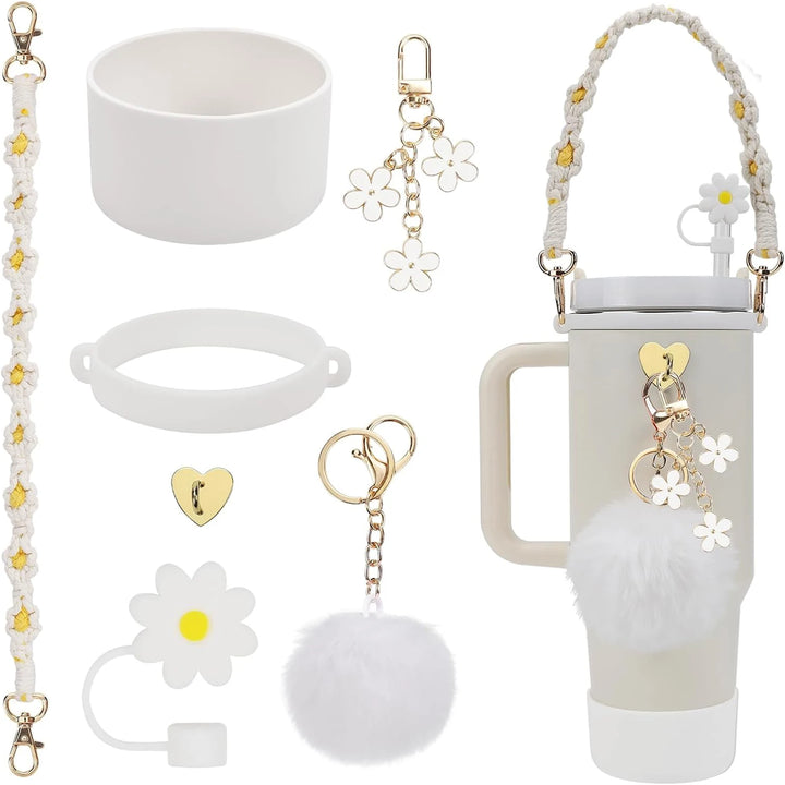 7Pcs for Stanley cup accessory set includes 1 water bottle handle strap, 1 cup cover, 1 fixed cup cover, 1straw cover, 3 charms - Total Trends Fusion