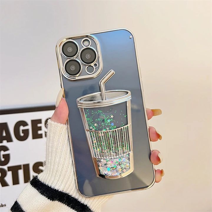 Fashion Milk Tea Cup Bling Glitter Star Quicksand Case For iPhone 14 13 11 12 15 Pro Max Shiny Sequins Transparent Plating Cover