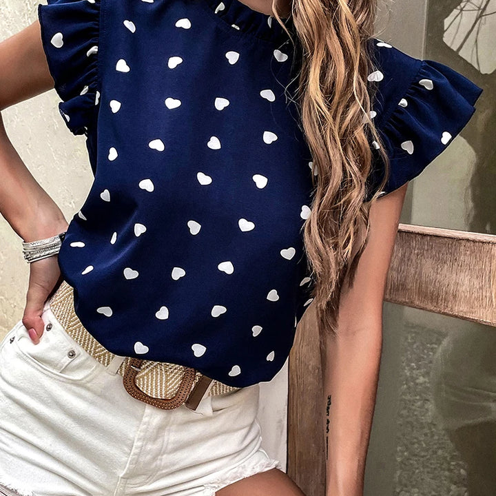 Fashion Chiffon Print Women's Shirt Casual Ruffle Short Sleeve Top Pink Chic Woman Blouse And Shirts Elegant Blouses Summer 2022