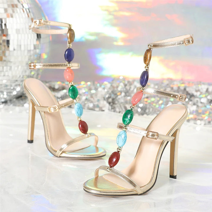 Liyke Bohemian Style Fashion Colour Gem Strap Designer High Heels Gladiator Sandals Women Summer Open Toe Wedding Banquet Shoes - Total Trends Fusion